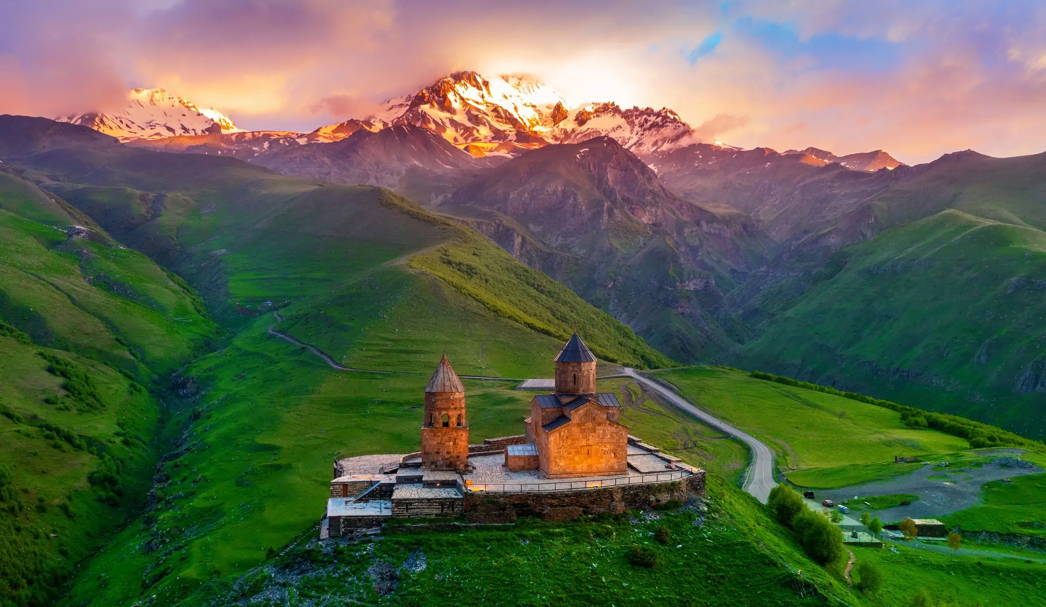 Gergeti Trinity Church, views of Mount Kazbegi in Georgia.